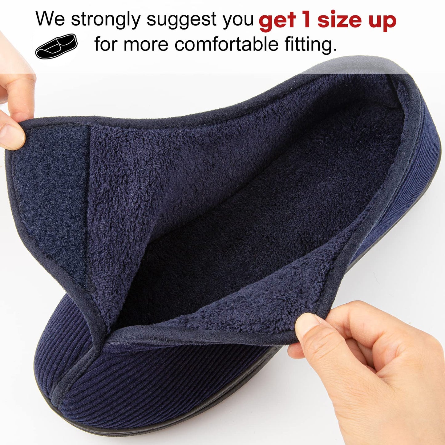 LongBay Men's Diabetic Wide Fit Memory Foam Slippers Comfy Warm Plush Fleece Arthritis Edema Swollen House Navy Blue 10UK