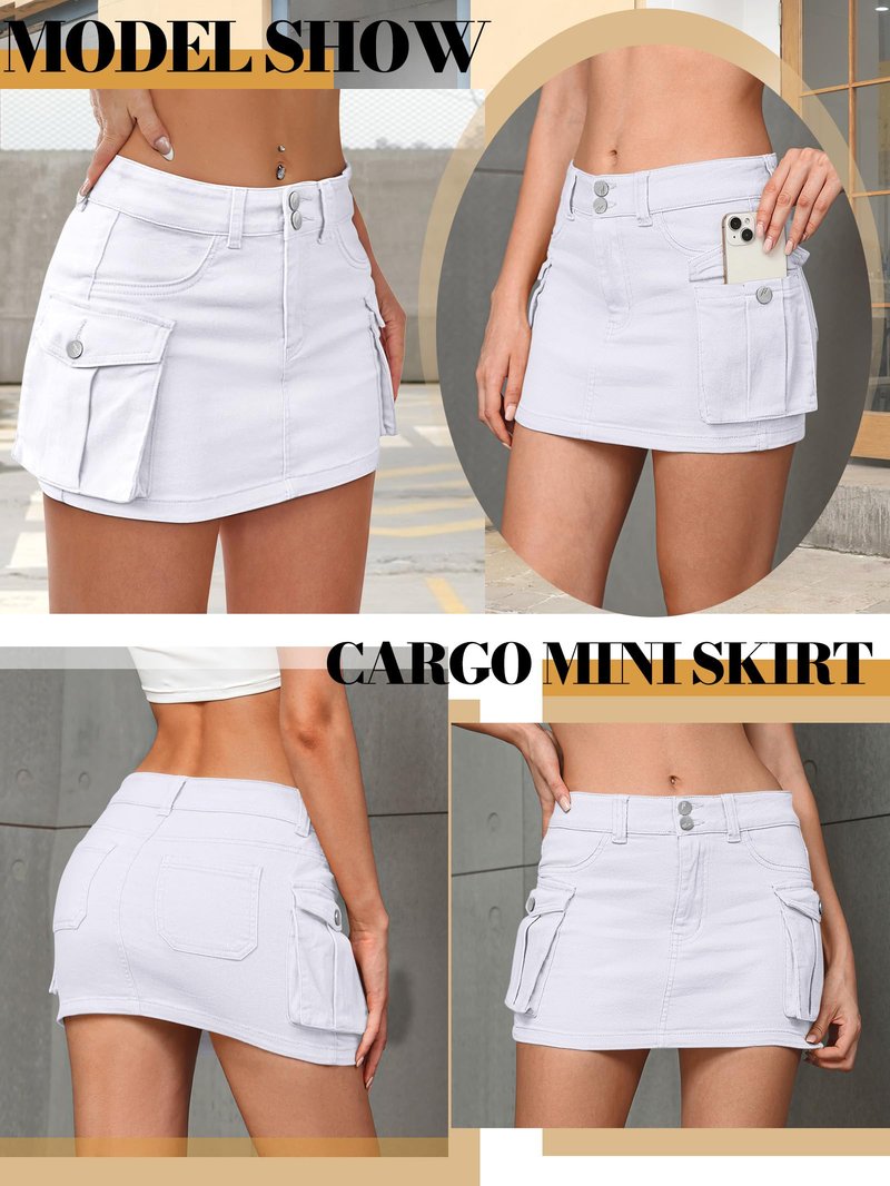 Mancreda Women Denim Cargo Skirt Mini Low Waist Button Bodycon Y2K Flap Pockets Skirts(WH,S)