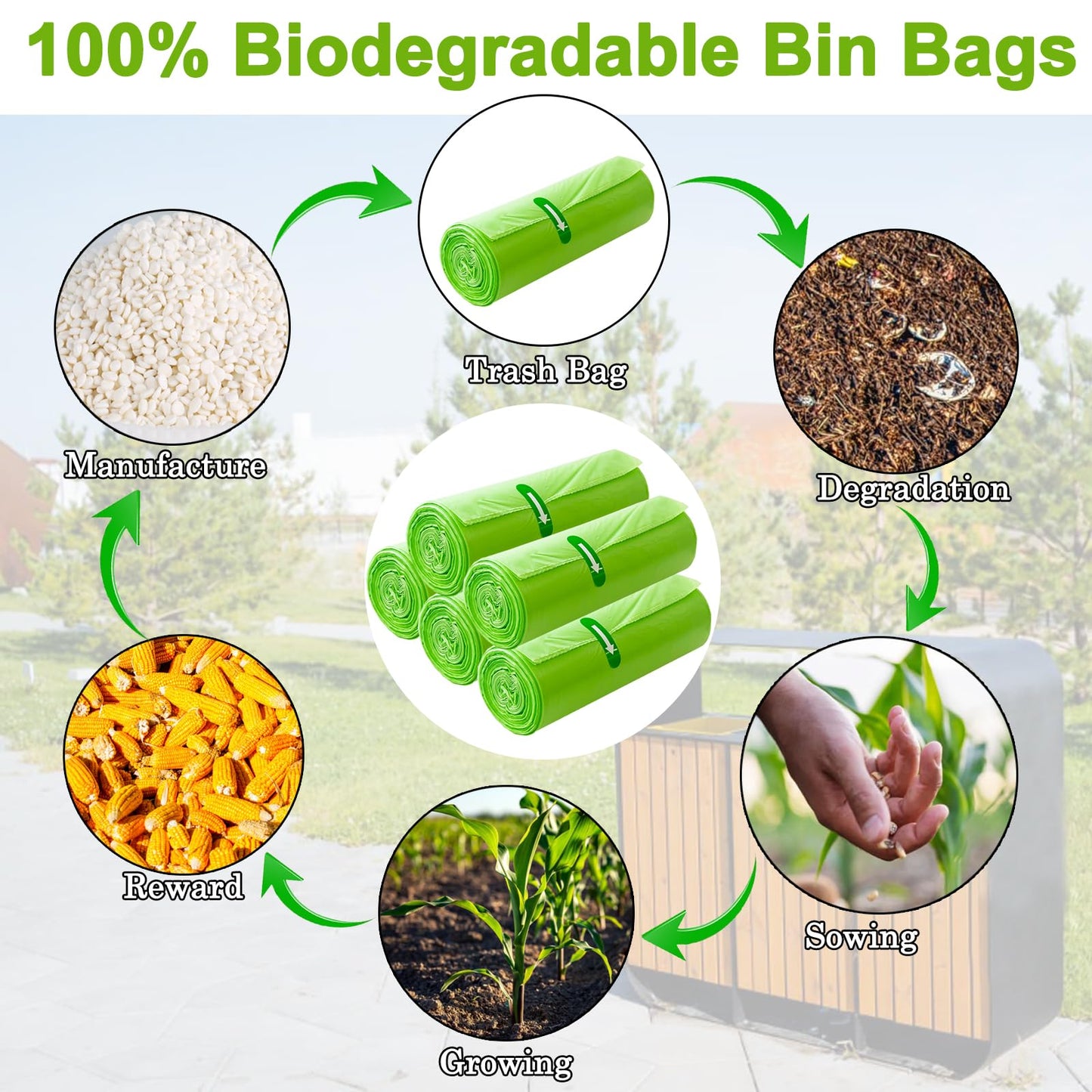 30 Litre Bin Liners 100 Bags, Biodegradable Food Waste Garbage Bags, 30L Strong Compostable Trash Caddy Liners, Recycling Degradable Rubbish Bag for Kitchen Bathroom Garden Office, Green, 60 x 65cm