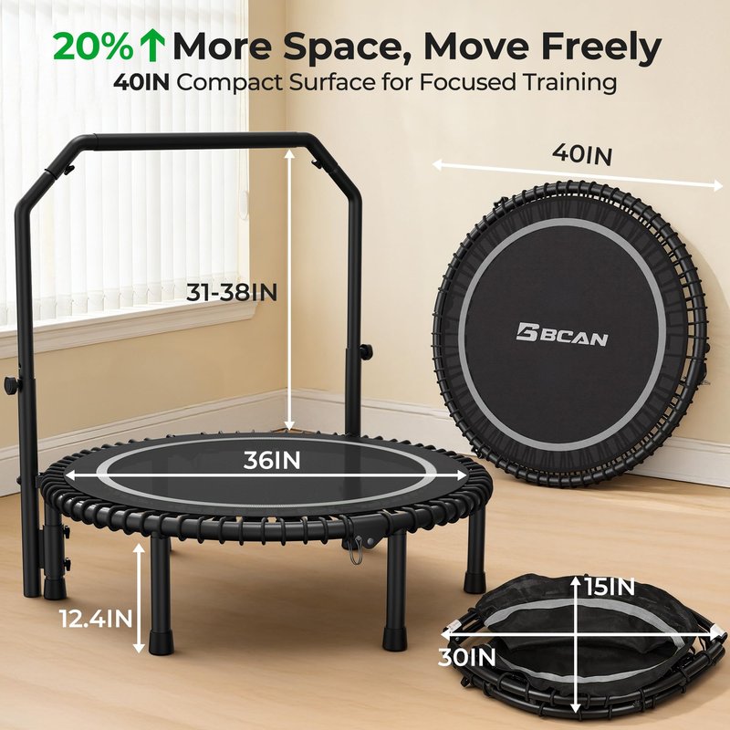 BCAN BT2 450/550LBS Mini Rebounder Trampoline for Adults with Bar, Fitness Trampoline with Bungees, Adjustable Handle, Stable & Quiet, Indoor Outdoor, Whole-Body Workout & Relaxation at Home-40IN-SLV