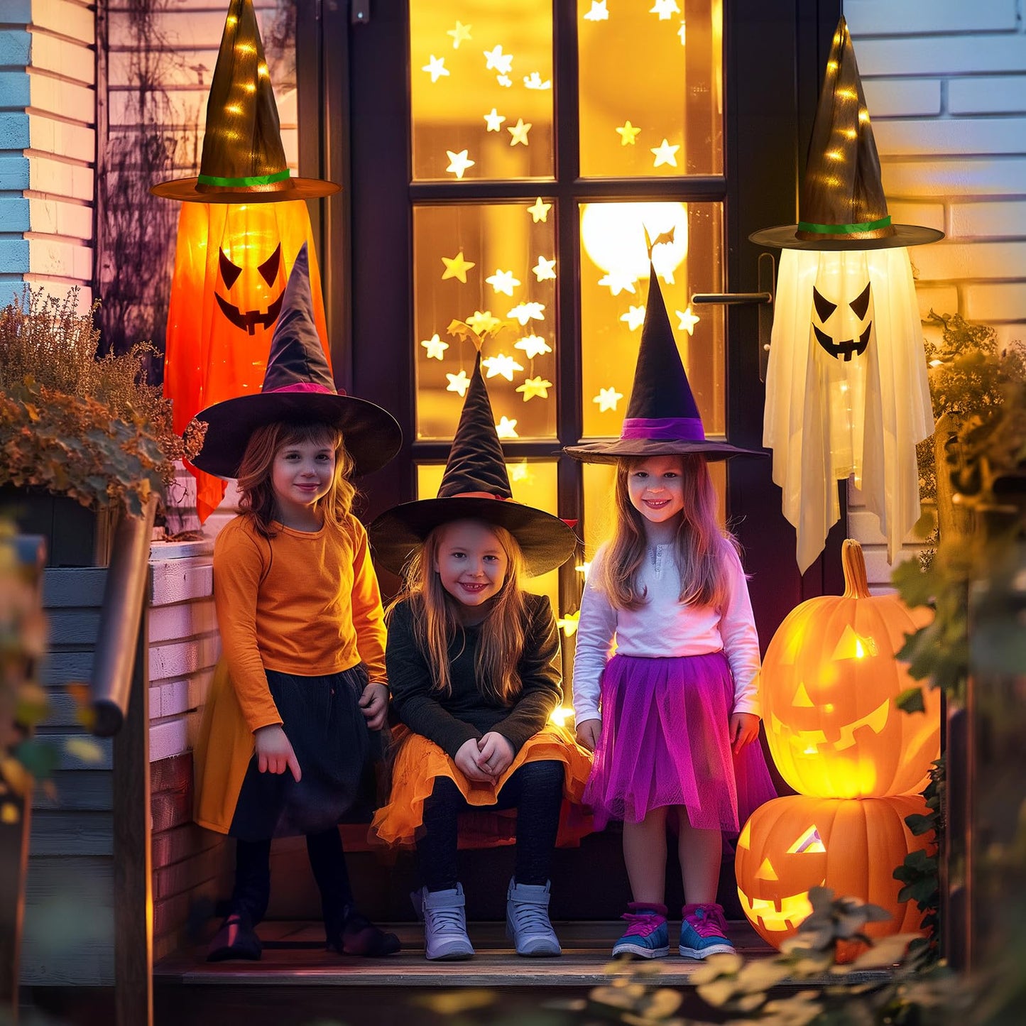Minetom Halloween Lights Battery Operated, 2PC Large Hanging Witch Hats Lights, Total 40 LED Light up Witch Hat, Glowing Ghost Witch Hat Lights, Halloween Outdoor Decoration for Tree Indoor,Warm White