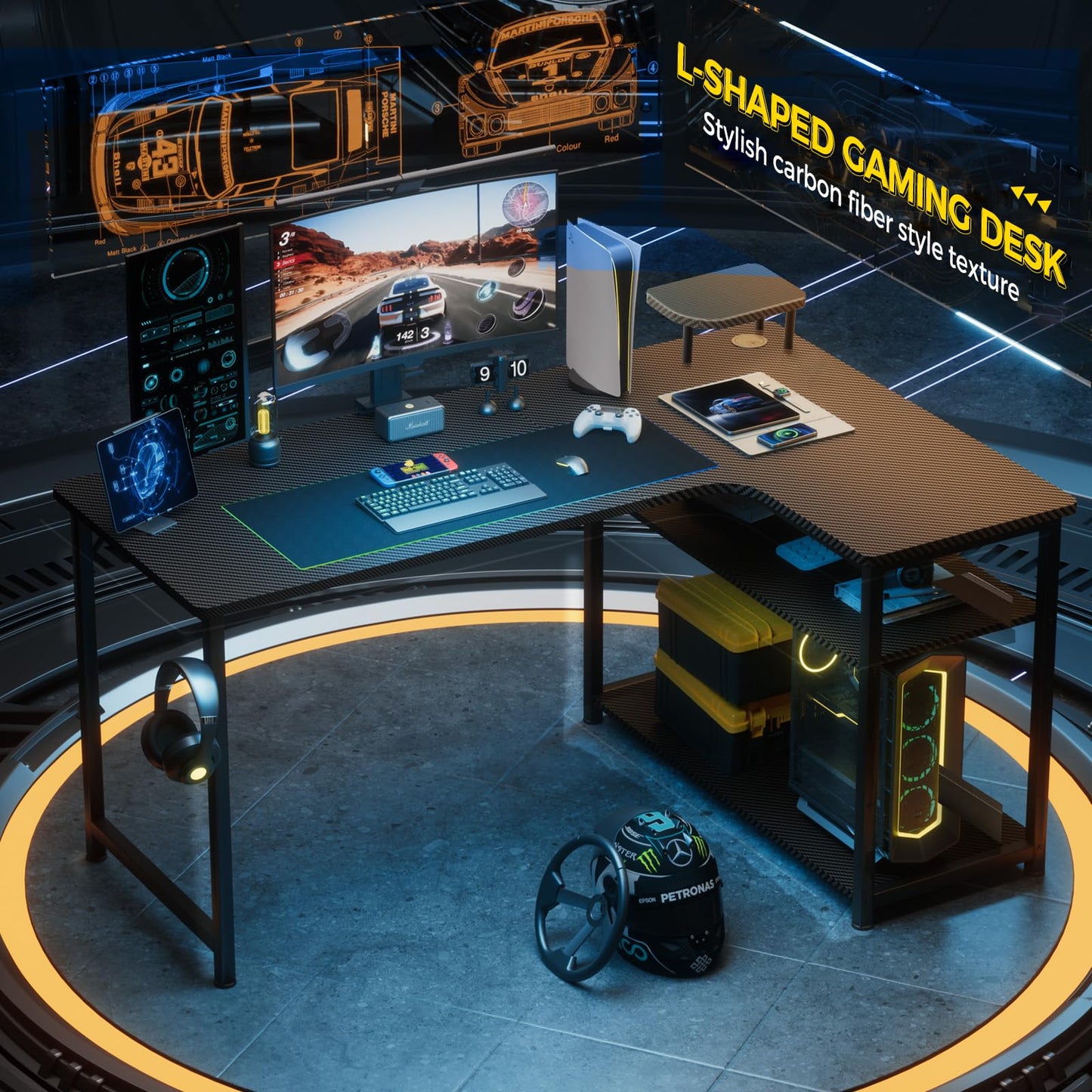 GTRACING L Shaped Gaming Desk, Carbon Fiber Style Computer Desk Compatible with Monitor Arm Storage Shelves Corner Desk Gaming Table for Home Office Desks Easy to Assemble Adjustable Shelf Height