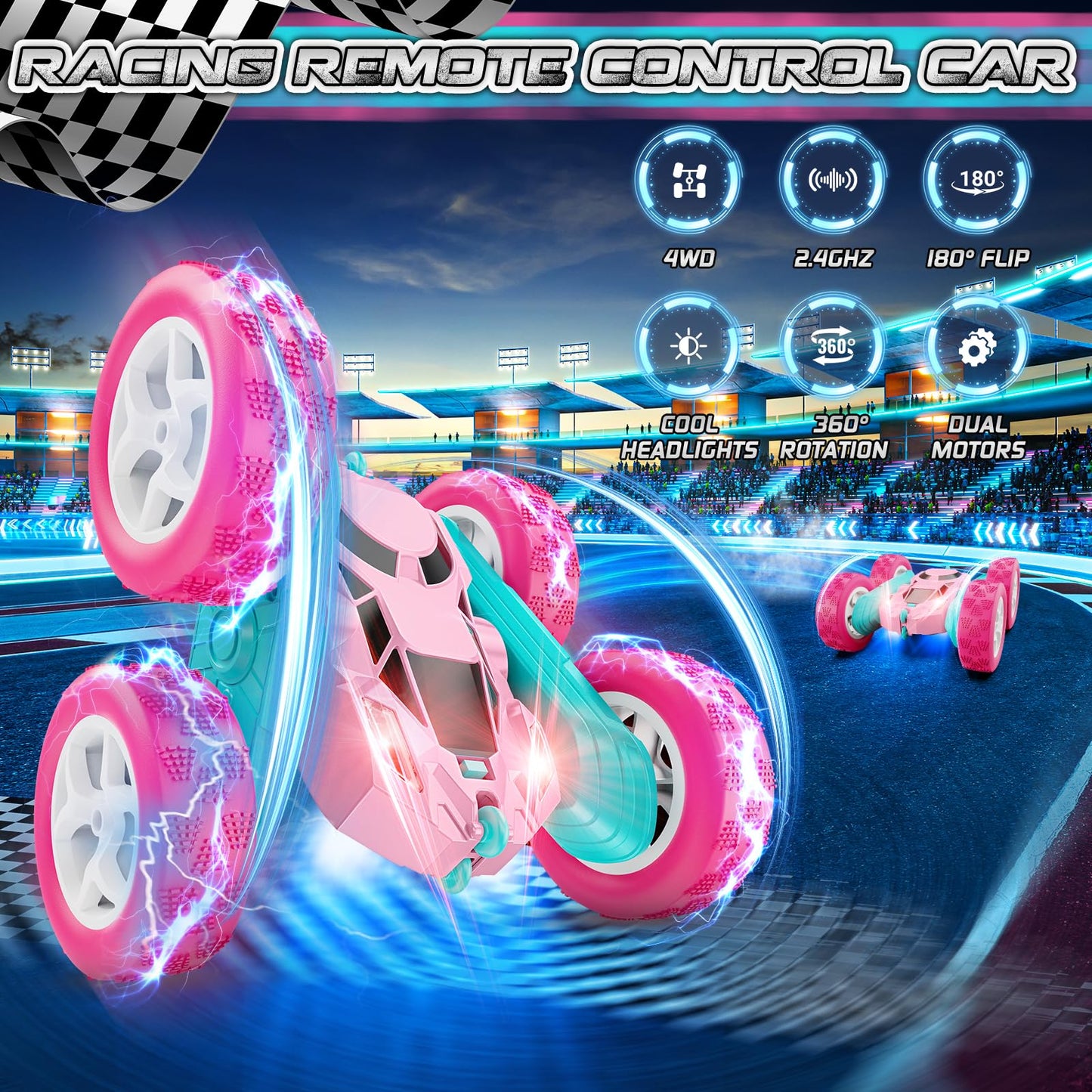 cosone Pink Remote Control Car for Girls, RC Stunt Car Double Sided 360°Flip with Headlights, All Terrain Tires, Rechargeable Batteries Toy Car for 6 7 8 9 10 11 12 Girls Birthday