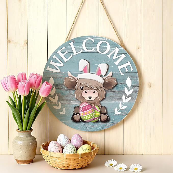Vicenpal 35 Pcs Christmas Interchangeable Highland Cow Welcome Sign Highland Cow Seasonal Wooden Hanging Door Decor Thanksgiving Farmhouse Hanging Sign for Front Door Xmas Party (Grey Blue)