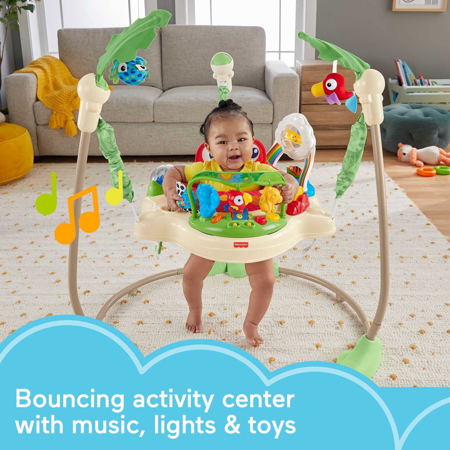 Fisher-Price Jumperoo Baby Activity Center with Lights Sounds and Music, Interactive Baby Bouncer, Rainforest, K7198