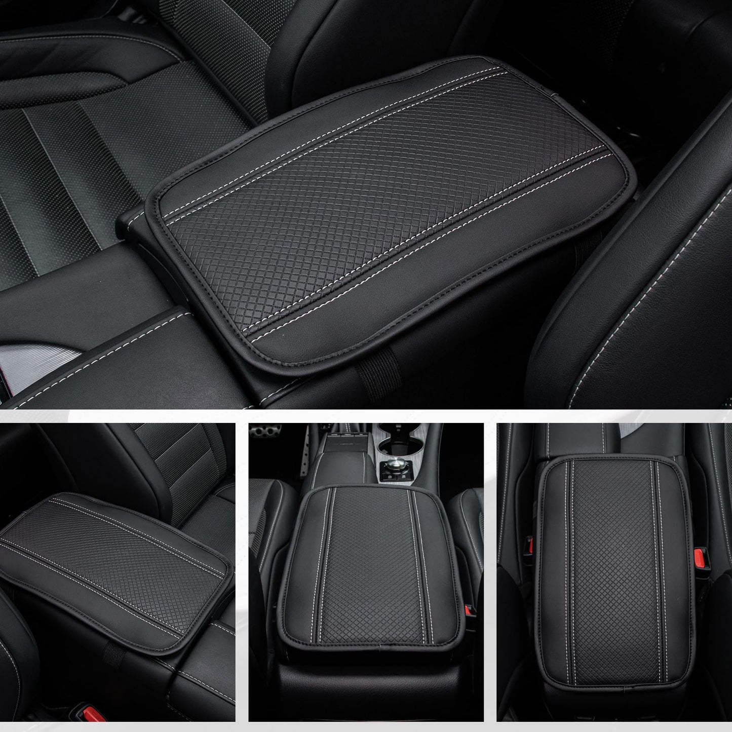 Amiss Car Center Console Pad, Universal Waterproof Car Armrest Seat Box Cover, PU Leather Auto Armrest Cover Protector,Vehicle Interior Accessories fits SUV/Truck/Car (Black-Silvery)