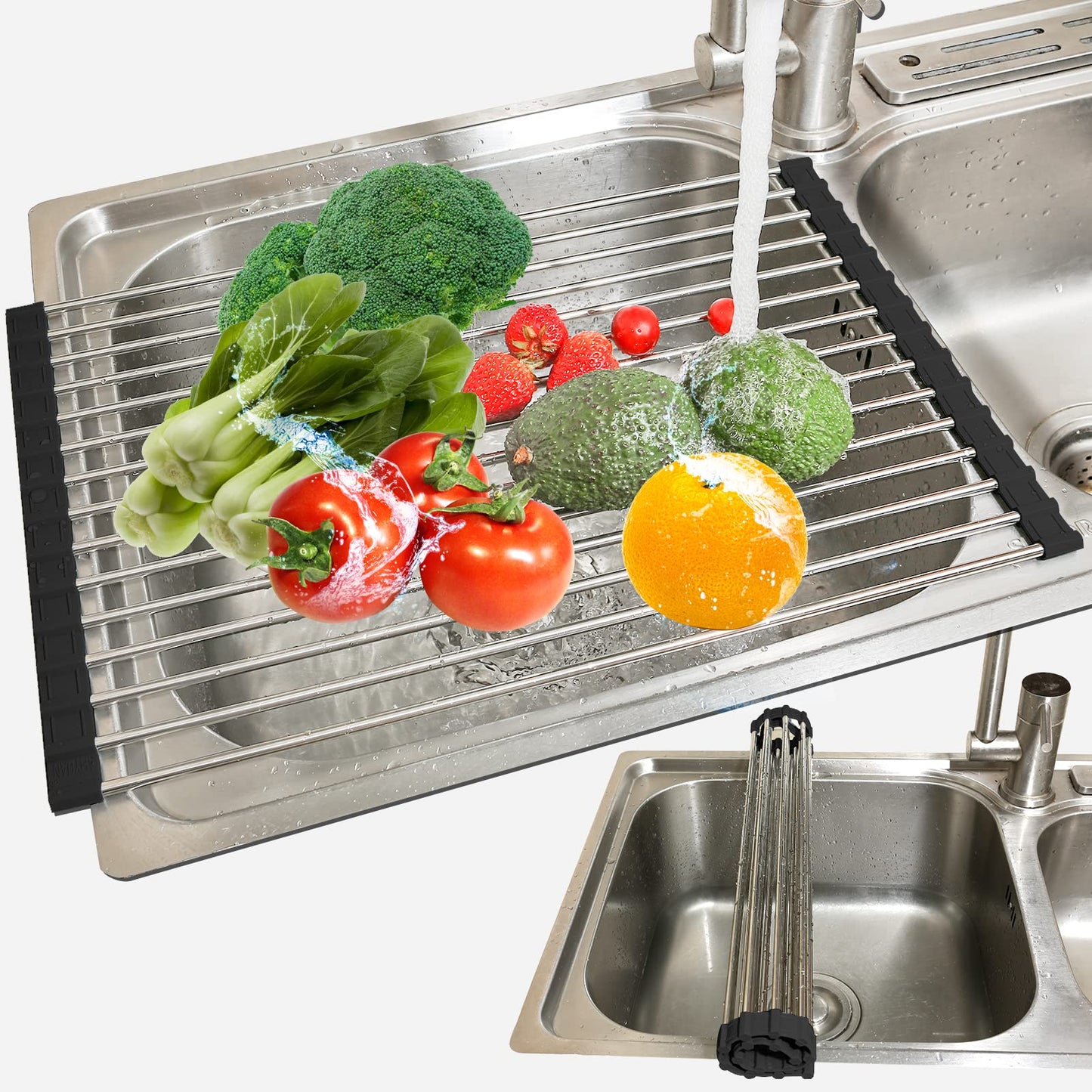 Ahyuan Black Stainless Steel Over-Sink Dish Drying Rack Roll-Up, Multipurpose Kitchen Dish Rack, Portable Rolling Dish Drainer for Kitchen Sink, RV Accessories (17.7''X11.2'')