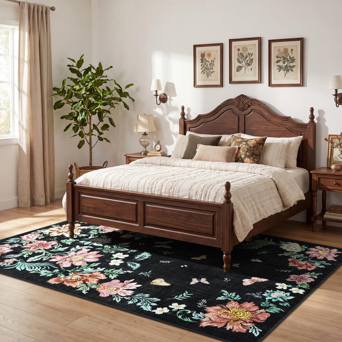 IDEALHOUSE Washable Area Rug, Soft Pearl Velvet Carpet, Non Slip Low Pile, Stain Resistance, Machine Washable Foldable Rug, Floral Pattern Modern, for Living Room, Bedroom, Dining Room, Black
