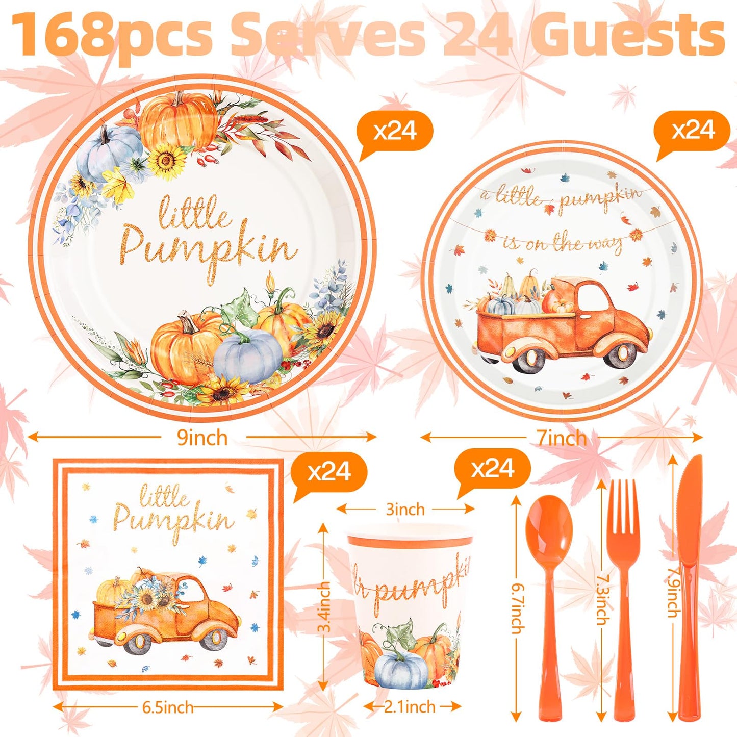 Gudvilla 168 Pcs Little Pumpkin Plates and Napkins, Fall Baby Shower Plates and Napkins Sets Serves 24, Little Pumpkin Baby Shower Decorations Boy, Orange Blue Autumn Farm Thanksgiving