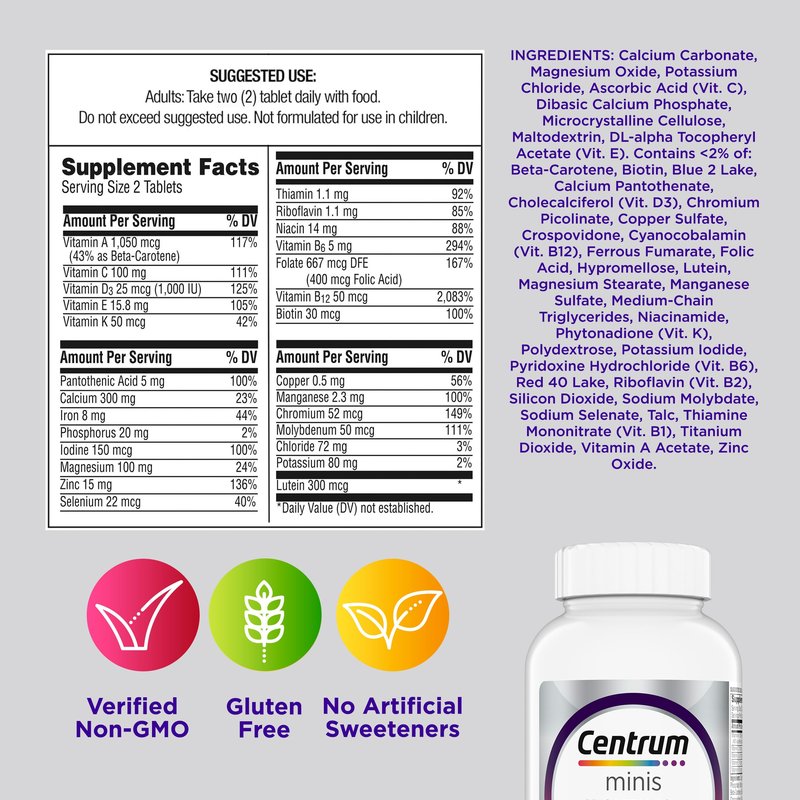 Centrum Minis Silver Women's Multivitamin for Women 50 Plus, Multimineral Supplement with Vitamin D3, B Vitamins, Non-GMO Ingredients, Supports Memory and Cognition in Older Adults - 280 Ct