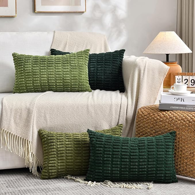 Fancy Homi 1 Pack Boho Moss Green Decorative Throw Pillow Covers 12x24 Inch for Couch Bed Sofa, Rustic Modern Farmhouse Home Decor, Soft Plush Corduroy Cute Rectangle Cushion Case 30x60 cm