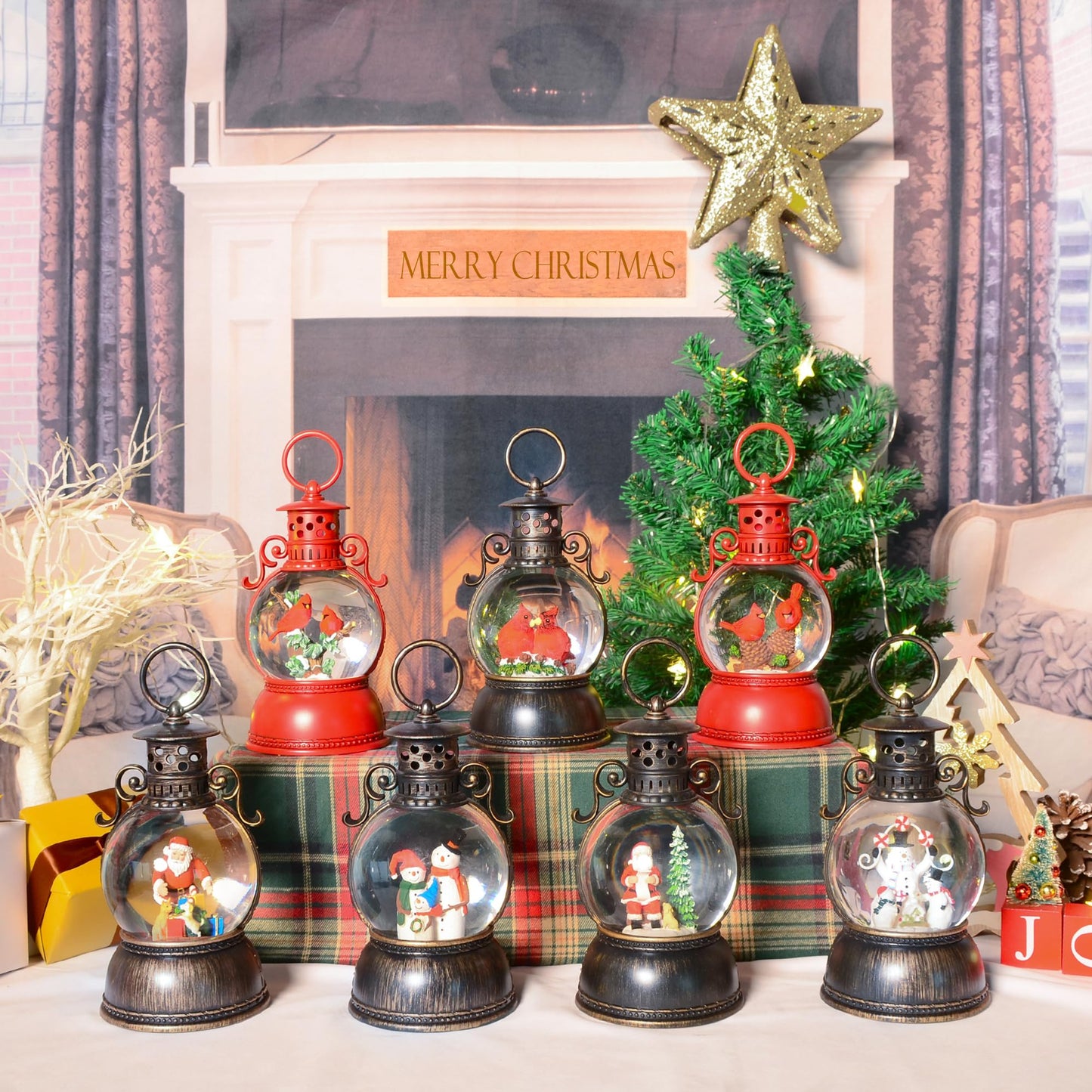 Christmas Snow Globes, 10" Snowman Christmas Glitter Lantern with 8 Songs, 6H Timer Battery & USB Powered Music Box for Christmas Table Decorations