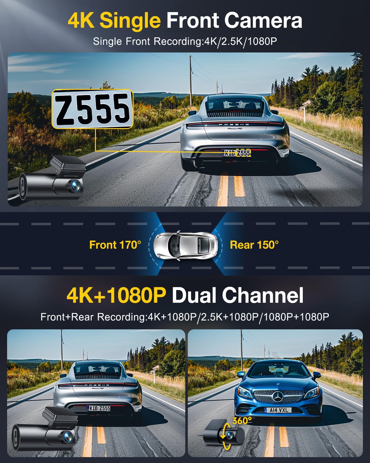 GKU 4K Dash Cam Front and Rear, 5GHz WiFi GPS, Dual Car Camera, 1.5” IPS Mini Dashcam for Cars with 64GB SD Card, 24H Parking Mode, Night Vision, WDR, 170° Wide Angle, G-Sensor, App Control, Max 256GB