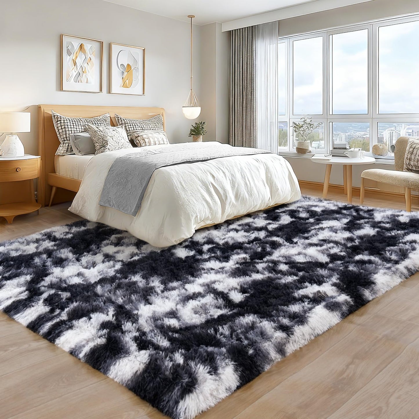 8x10 Area Rugs for Living Room Bedroom, Ultra Soft Fluffy Black and White Large Rug Carpet for Bedroom, Upgrade Non-Slip Fuzzy Shag Plush Rugs for Nursery Boys Girls Kids Room Modern Indoor Home Decor