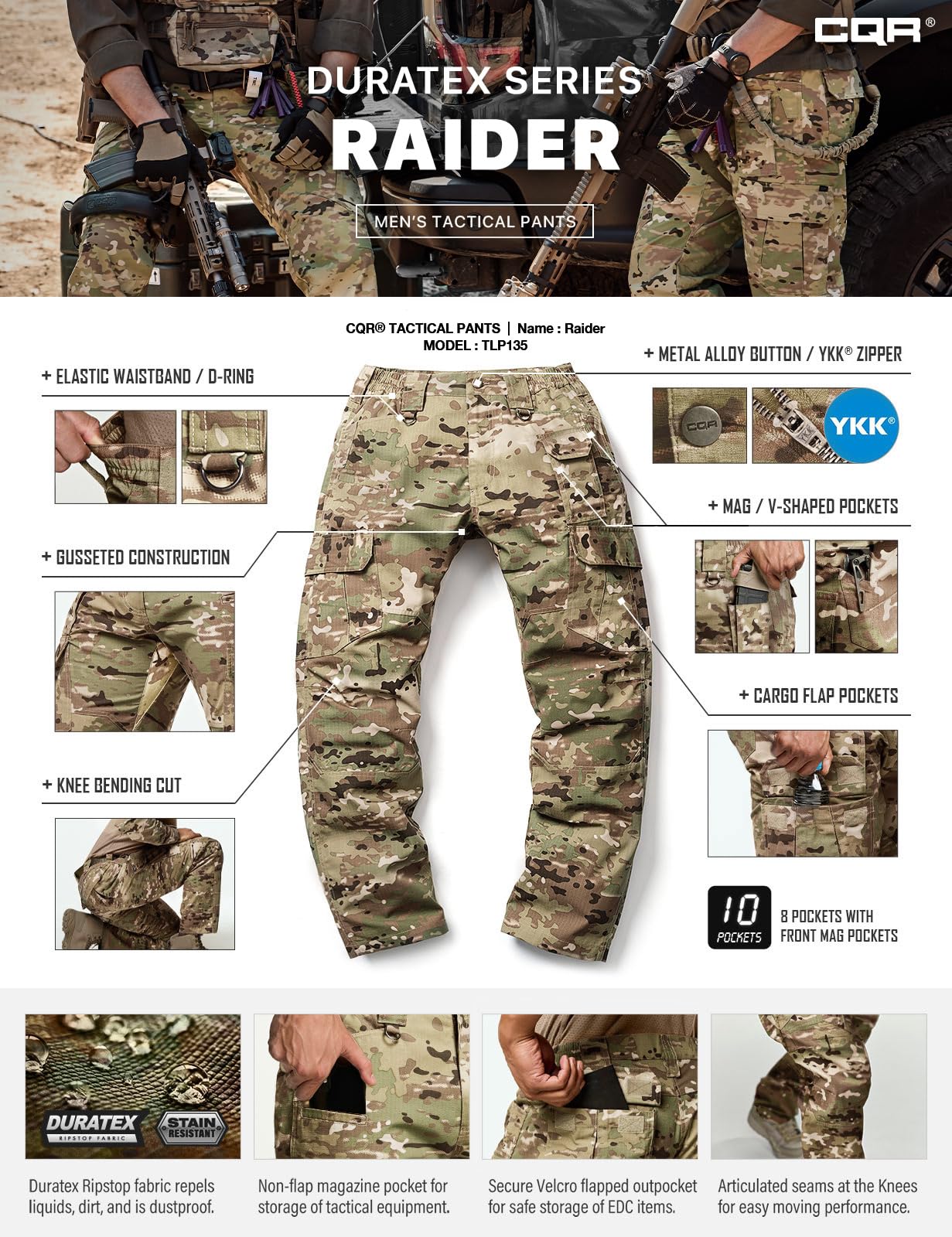 CQR Men's Tactical Pants, Water Resistant Ripstop Cargo Pants, Lightweight EDC Work Hiking Pants, Outdoor Apparel, Duratex Mag Pocket Utility Camo, 30W x 30L