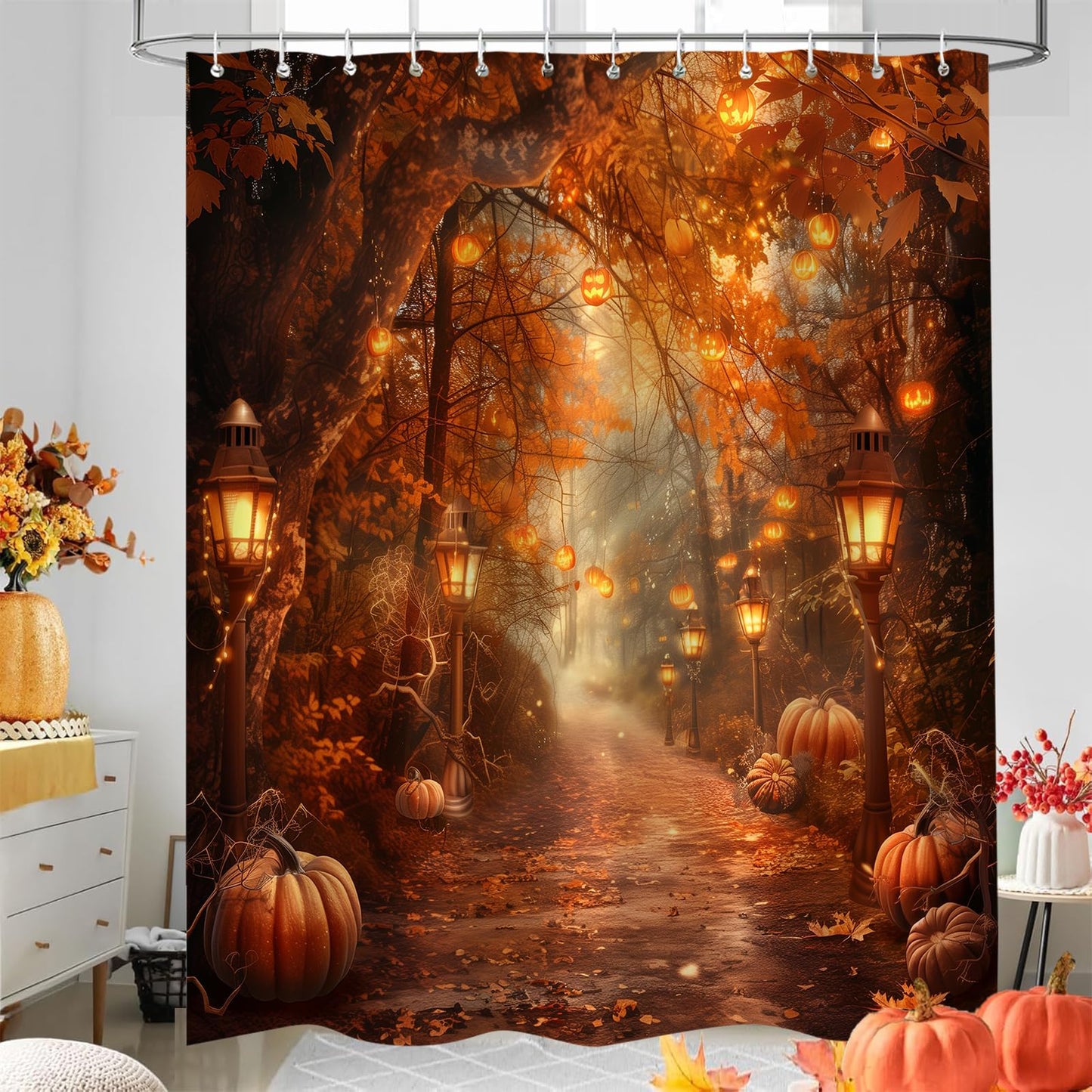 PAOPOED Fall Pumpkins Shower Curtain,Autumn Thanksgiving Harvest Halloween Forest Rural Trail Bathroom Decor,72 x 72 Inch Polyester Fabric Waterproof Bathroom Curtain with 12 Hooks