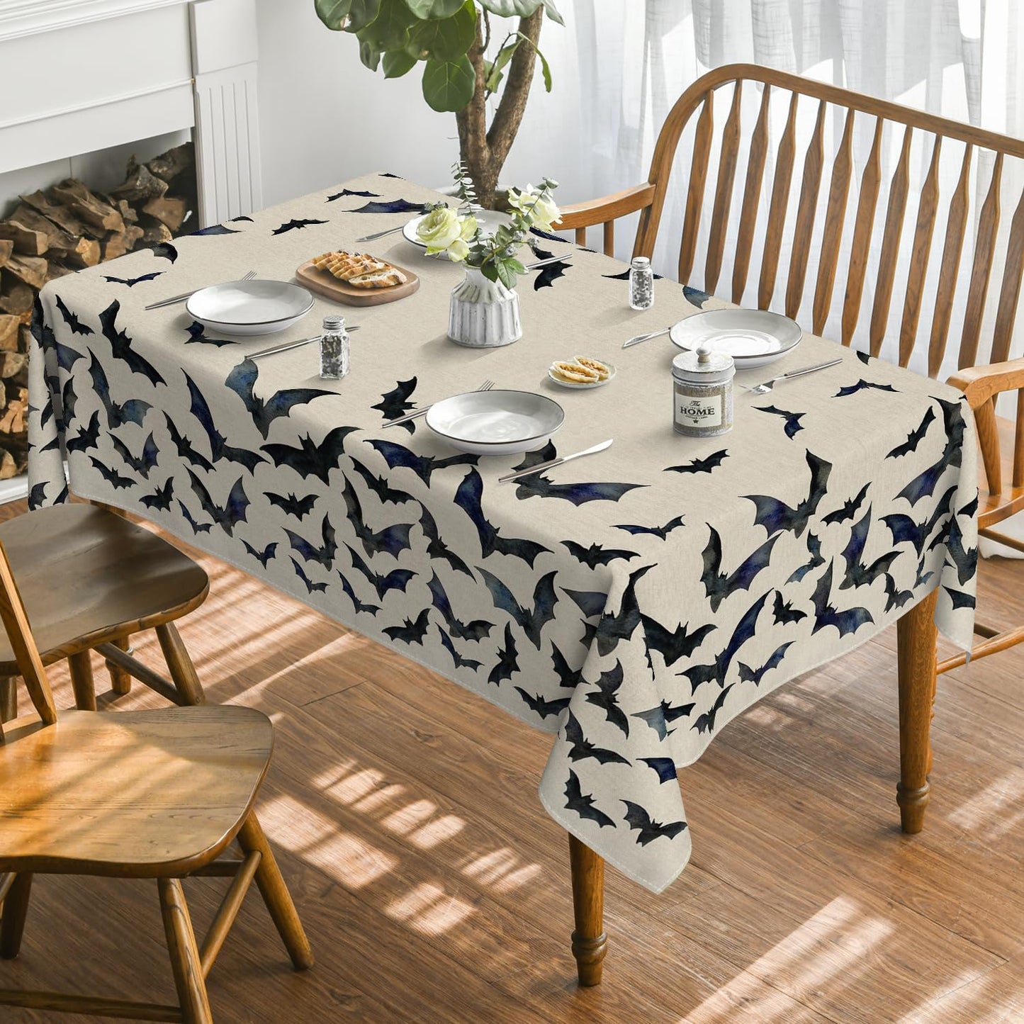 Horaldaily Halloween Tablecloth 60x84 Inch Rectangular, Bats Washable Table Cover for Party Picnic Dinner Decor