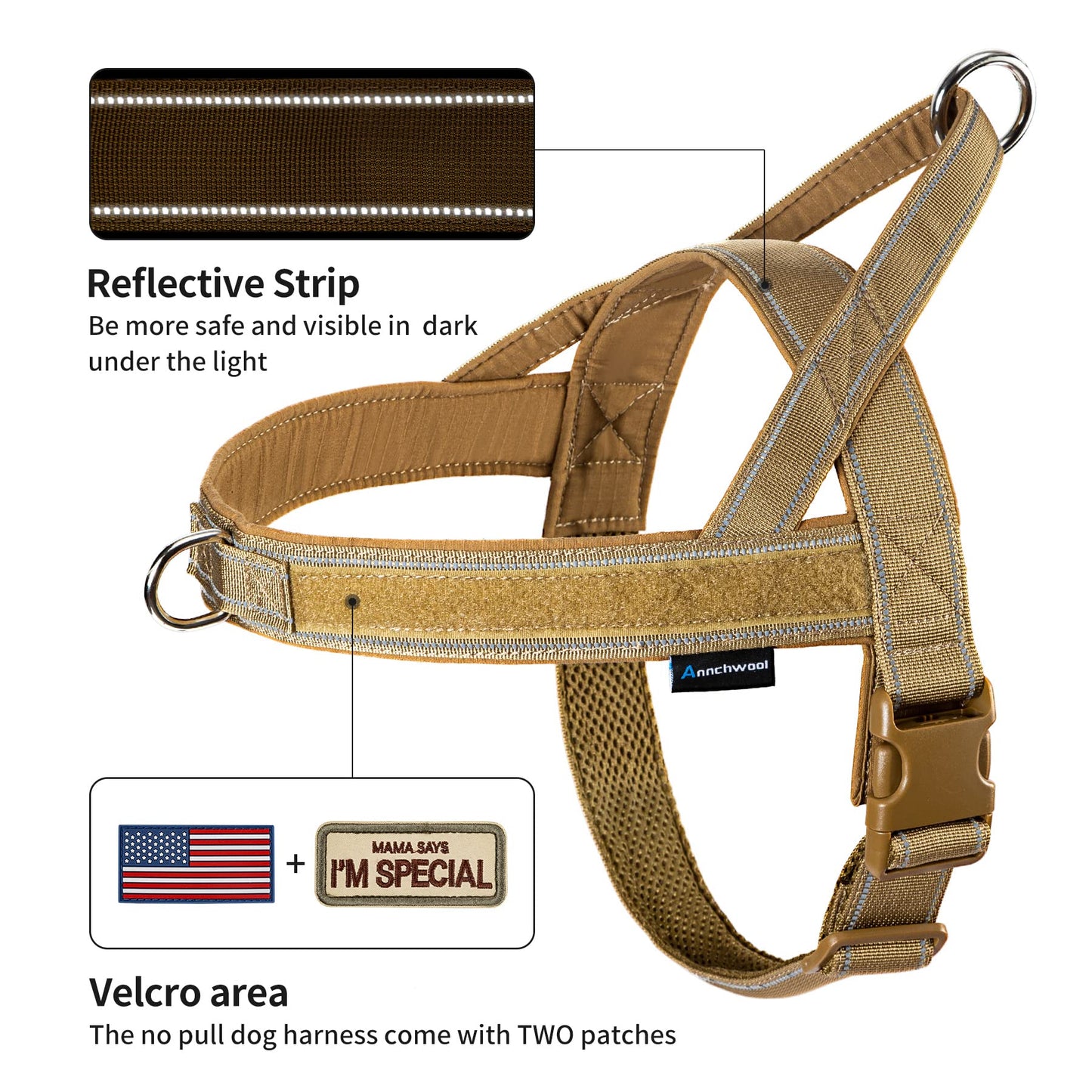 Annchwool No Pull Dog Harness with Soft Padded Handle,Reflective Strip Escape Proof and Quick Fit to Adjust Dog Harness,Easy for Training Walking for Small & Medium and Large Dogs(Brown,XL)