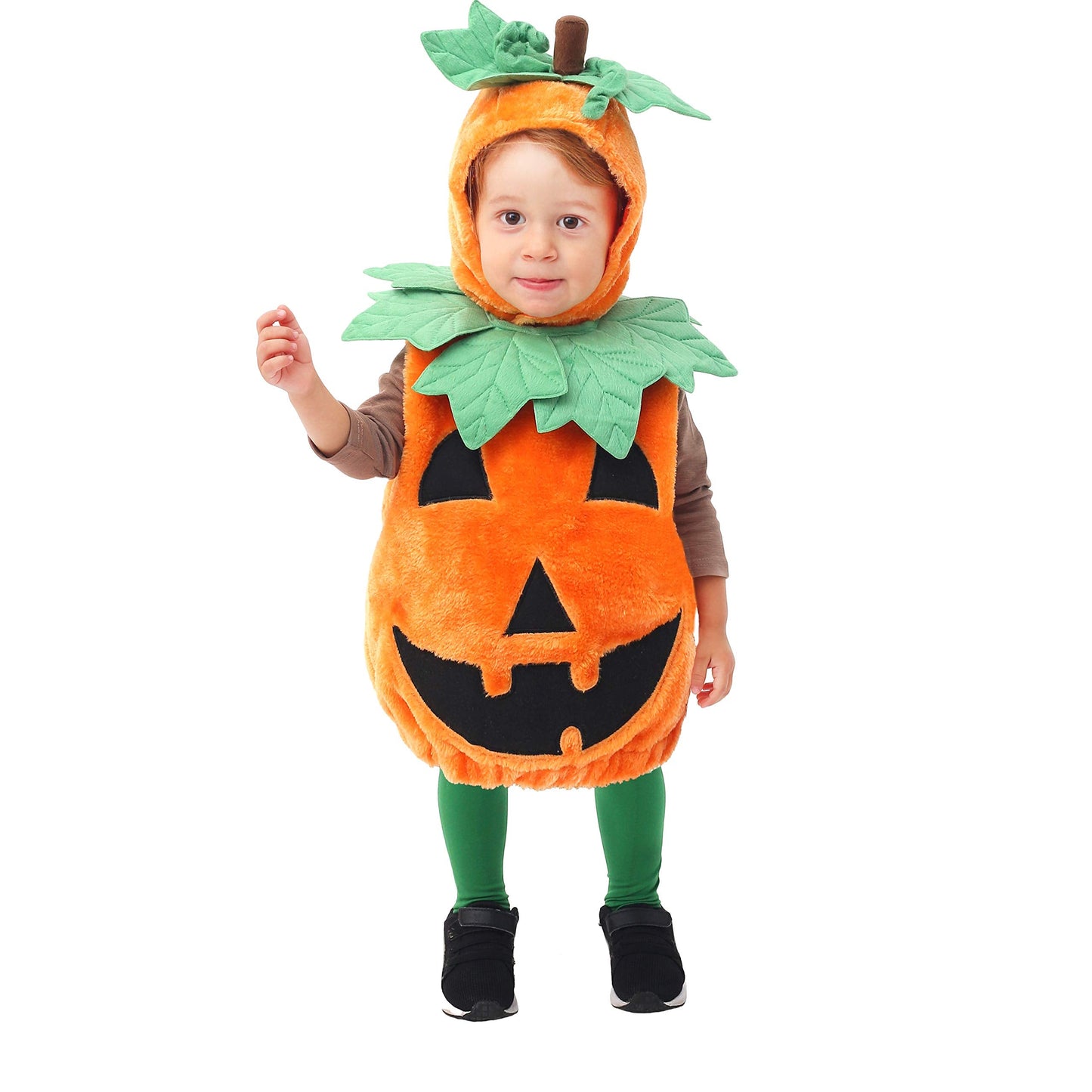 Spooktacular Creations Deluxe Pumpkin Costume with Plush Green leaves for Toddler, Kids Halloween Dress Up, Pumpkin Themed Party (3T)