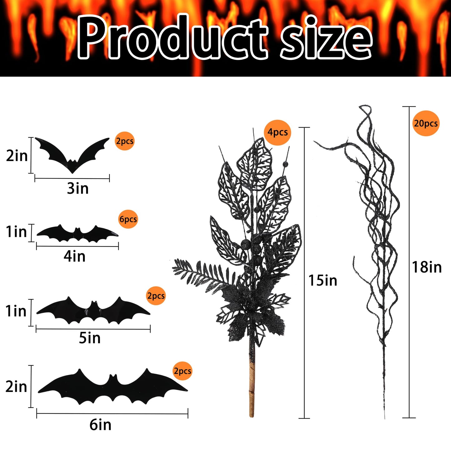 24 Pcs Artificial Halloween Branches Picks Ornaments with 12 Pcs Bats- Fake Black Berry & Flowers Stems Curly Willow Branches- Faux Glitter Black Floral Twig Stems Sticks for Halloween Xmas Home Decor