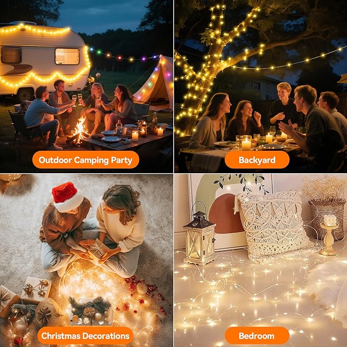 Lakumu 2-in-1 Rechargeable Fairy Lights Battery Operated, 66FT(2×33) Twinkle Lights with Remote & Timer, 200 LED String Lights for Bedroom Waterproof Outdoor Camping, Christmas Decorations Warm White