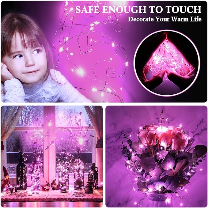 Hortsun 100 Packs Fairy Lights Battery Operated 3 Speed Modes, 7 Ft/ 2 M 20 LED Battery String Mini Waterproof Wire Twinkle Lights Bulk for Wedding Party Birthday Vases (Pink Light)