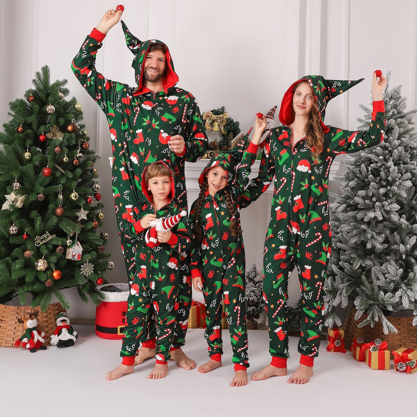 ANGELGGH Family Matching Christmas Onesie Pajamas, Vacation Cute Printed One Piece Pajamas, Xmas Hooded Holiday Sleepwear (Green Elf Hat, 8-10)