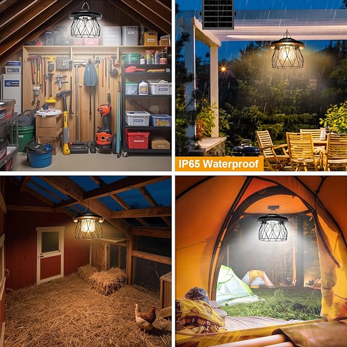 Solar Shed Light Outdoor Work Day/Night, Gazebo Lights Solar Hanging Lights for Porch Barn Chicken Coop Indoor with Remote, Double Motion Sensor, 16.5ft Cord, Dimmable Warm/Cool White