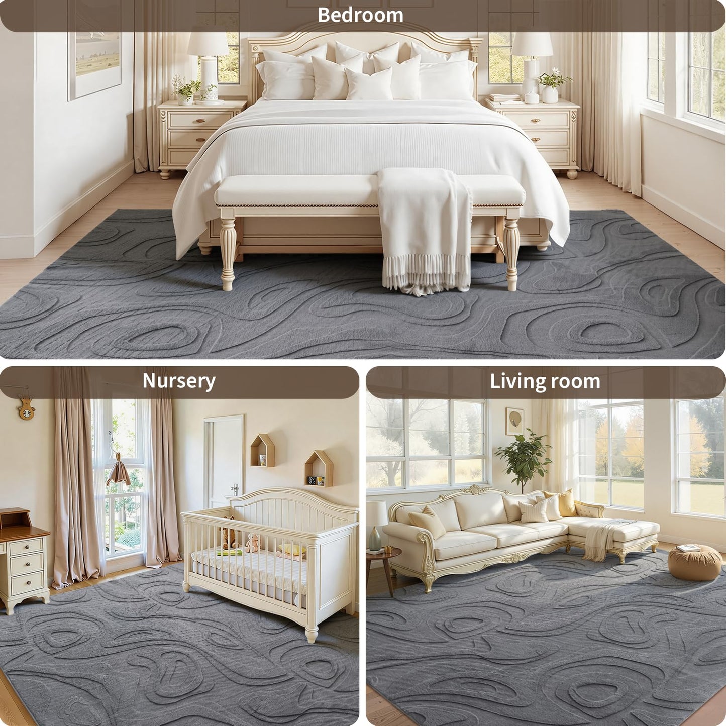 UKISS Washable Rugs 8'x10' Area Rugs for Living Room ,Ultra Soft Faux Rabbit Fur Embossed Rug for Bedroom, Non Slip&Non-Shedding Low Pile Large Carpets for Home Decor Gray