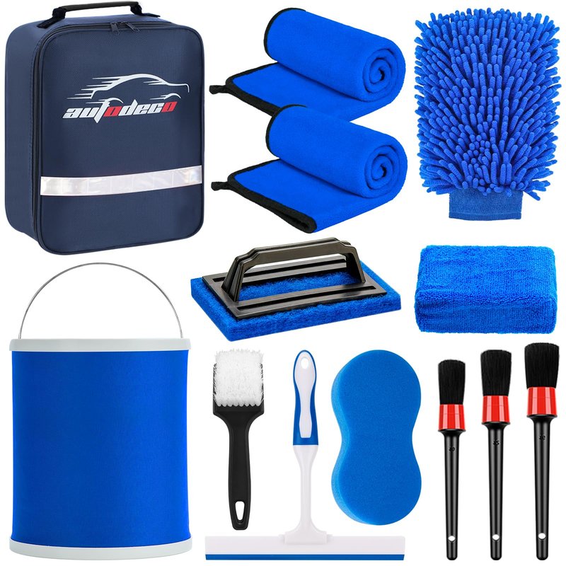 AUTODECO 12Pcs Boat Wash Cleaning Kit with Collapsible Bucket Wash Sponge Mitt Microfiber Towel Squeegee Scrub Pads Brushes Complete Interior Exterior Cleaning Set for Boat