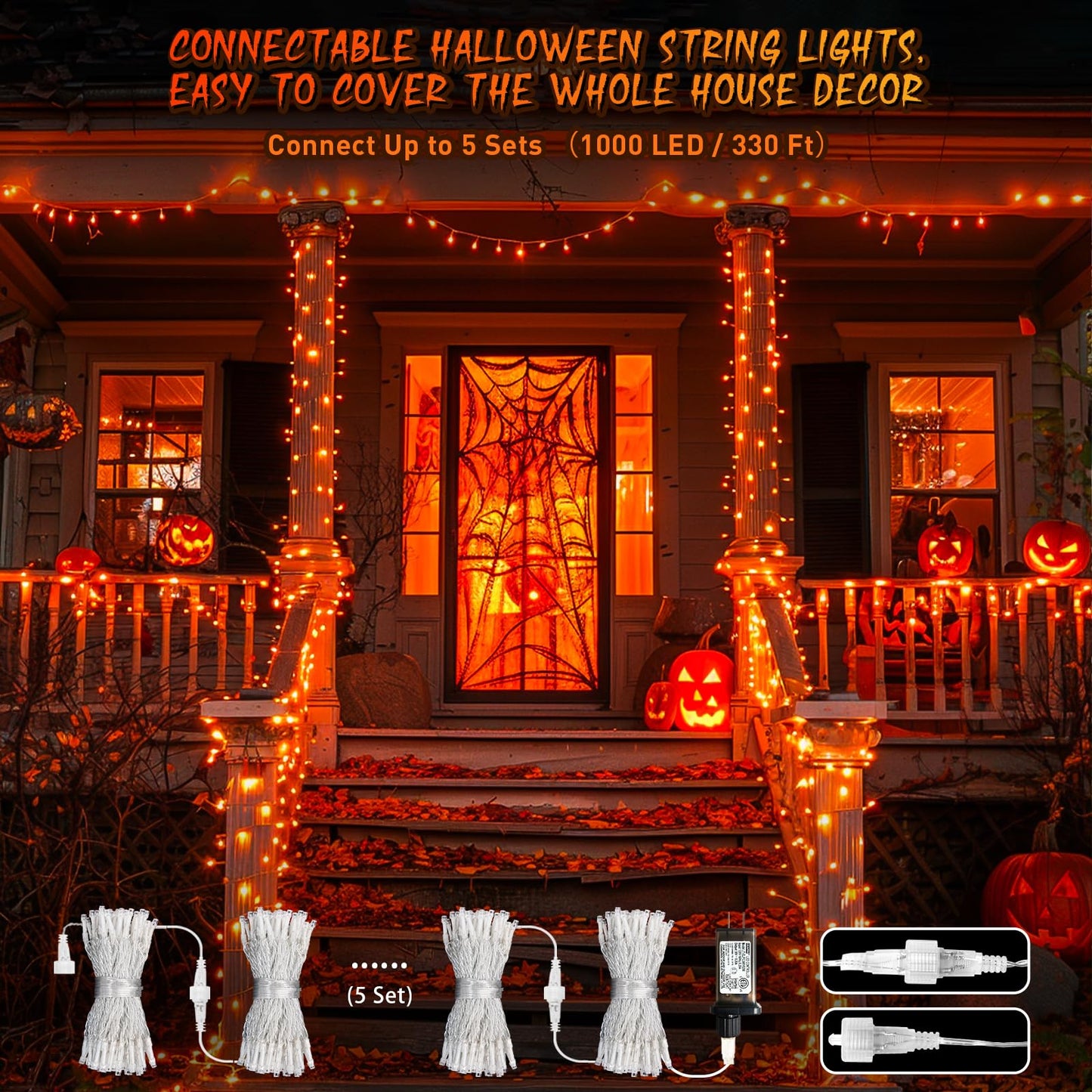JMEXSUSS 66ft 200 LED Halloween Lights Outdoor Indoor, Connectable Orange String Lights Clear Wire, Fall Light Plug in for Fireplace Tree Garden Patio Thanksgiving Fall Halloween Decor
