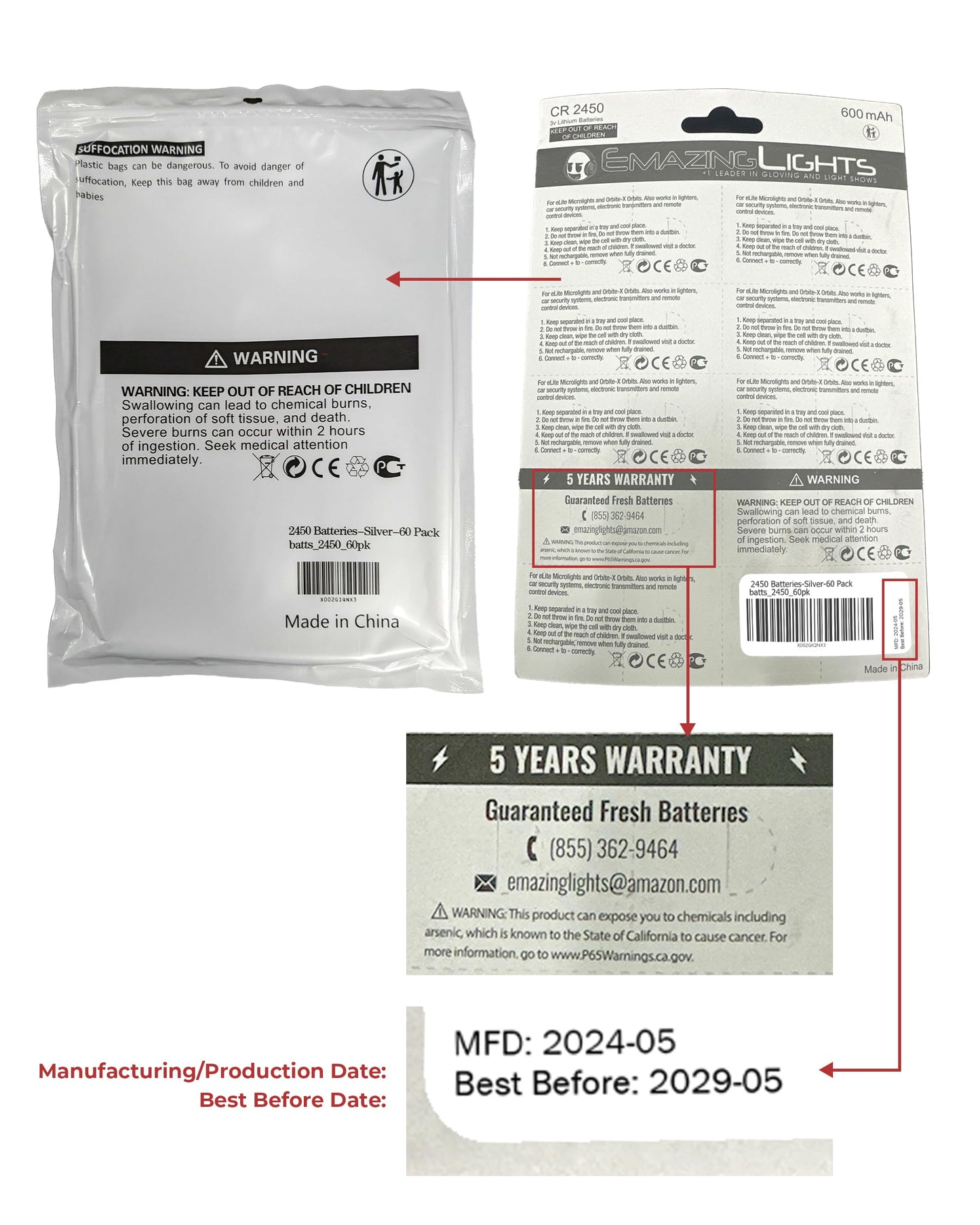 EmazingLights 60 Pack CR2450 Battery 3V Lithium Coin Cell Batteries Long Lasting Multipack for Keyless Remote FOB, Candles