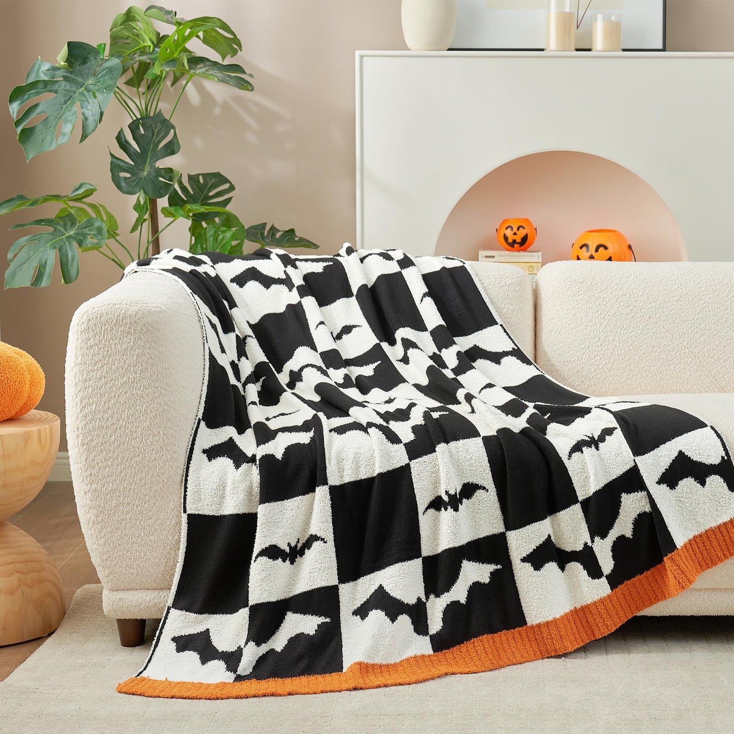 Snuggle Sac Halloween Throw Blanket Black White Checkered Bat Blanket, Halloween Throw Blanket for Couch 50x60 inches, Ultra Soft Decorative Blanket