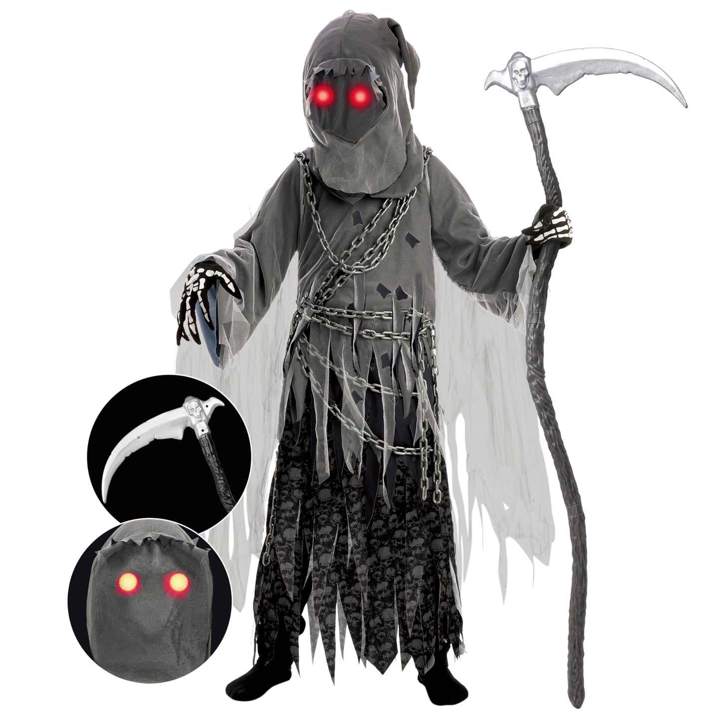 Spooktacular Creations Child Unisex Grim Reaper Costume, Halloween Costume with Glowing Red Eyes for Kids Trick-or-Treating-M(8-10yr)