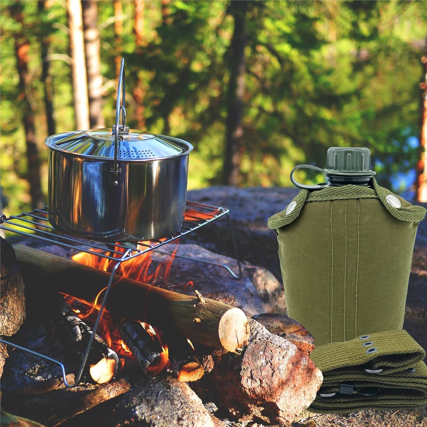 Plastic Military Canteen, 1 Quart Portable Army Water Bottle with Cup Sleeves and Waist Belt for Hiking Camping Climbing and Most Outdoor Activities