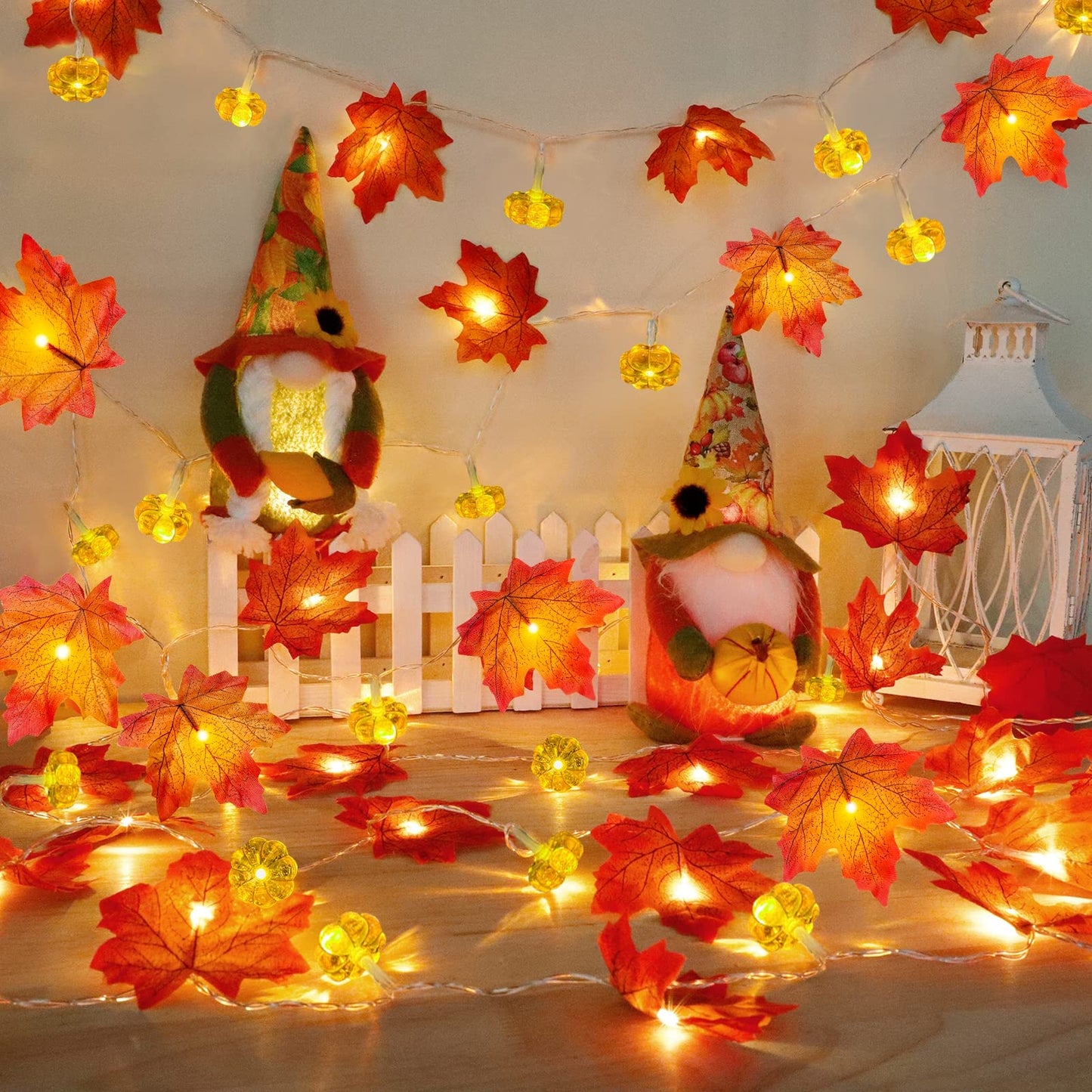 2 Pack & Timer - Fall Garland with Pumpkin Lights Halloween Fall Decor for Home 60LED 20Ft Enlarged Maples Leaves Halloween Garland Lights Indoor Battery Operated Thanksgiving Decor Wedding Christmas