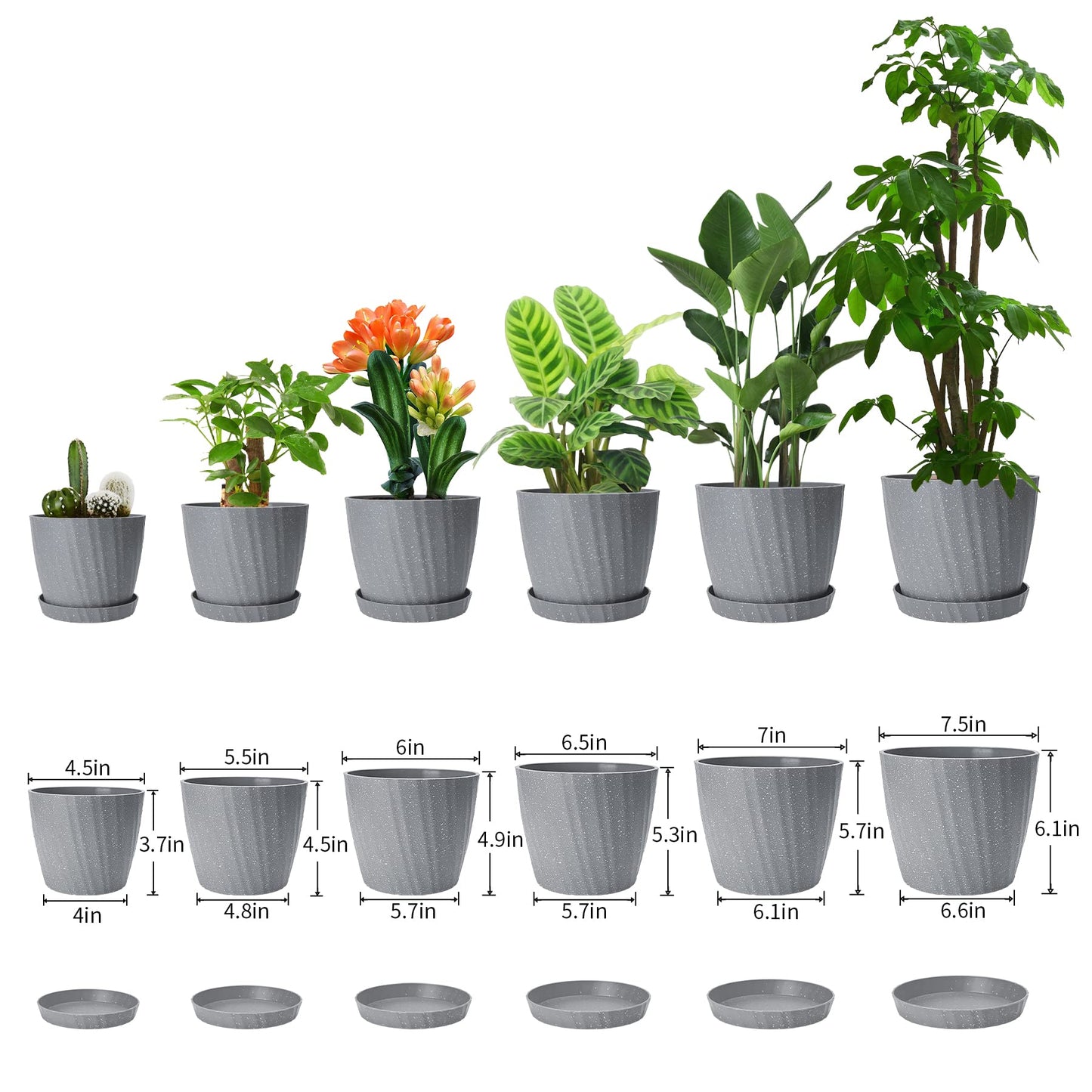 Plant Pots Indoor, 6Pack Plastic Plant Pots 19/17.5/16.5/15.5/14/11.5cm, Flower Pots Outdoor Self Watering Indoor Plant Pot with Drainage Holes and Tray, Plastic Planter for Garden House Plants(Grey)
