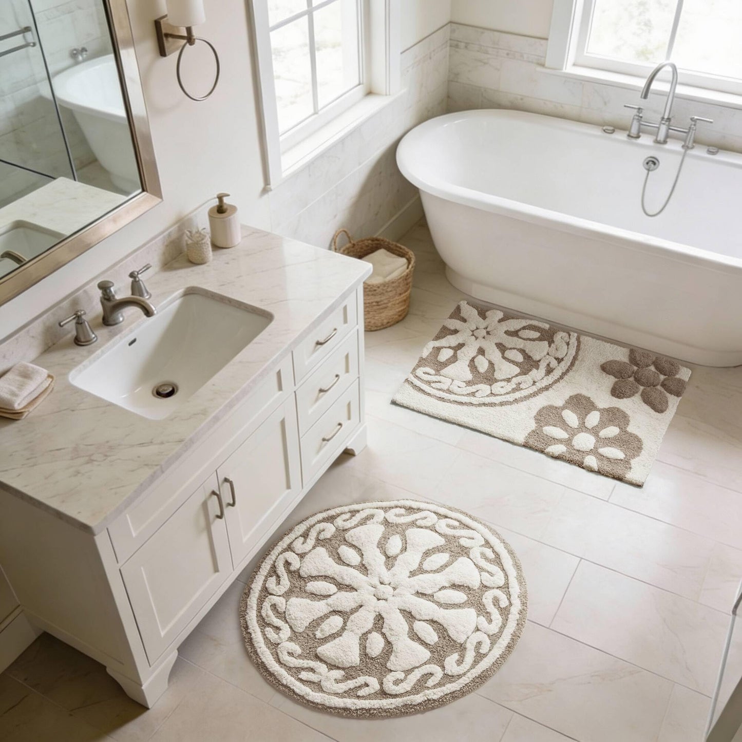 Madison Park Casablanca 100% Cotton Tufted Bathroom Rugs Luxurious Plush Medallion Floral Pattern Bath Mat Absorbent, Quick Dry, Spa Design Shower Room Décor, Round 25", Taupe
