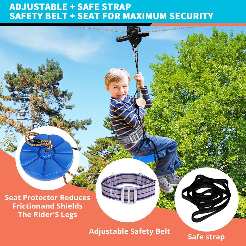 HOKINETY Zip Line Kit for Kids Adults : Up to 450Lbs 200FT Quick Setup Zipline for Backyard Outdoor with 100% Rust Proof Removable Trolley Swing Seat Safety Harness Spring Brake