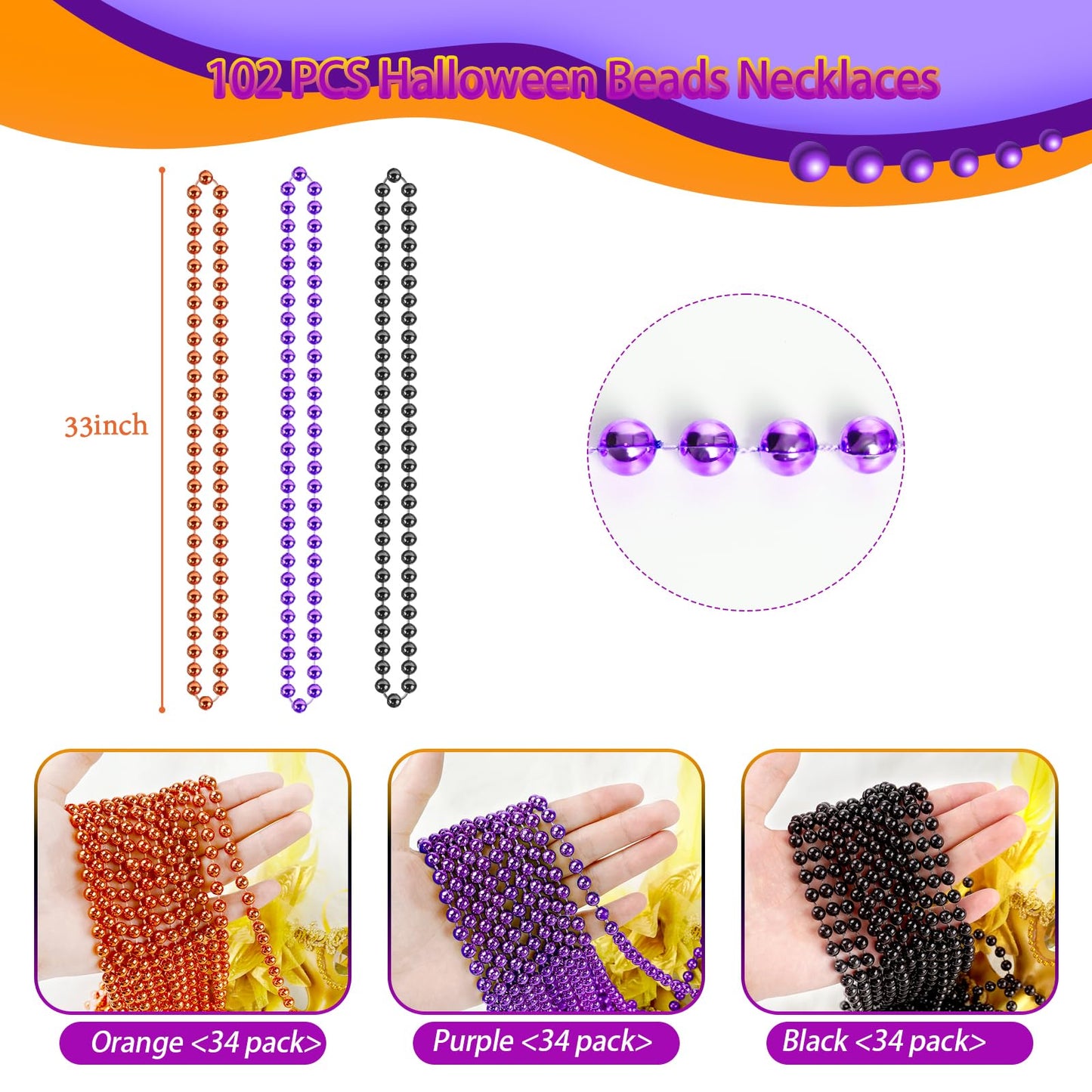 SHAOQINLIN 102PCS Halloween Bead Necklace, Purple Black Orange Bead Necklaces, 33" Metallic Beaded Party Necklaces for Halloween Parade Throws Halloween Trick or Treat Decorations