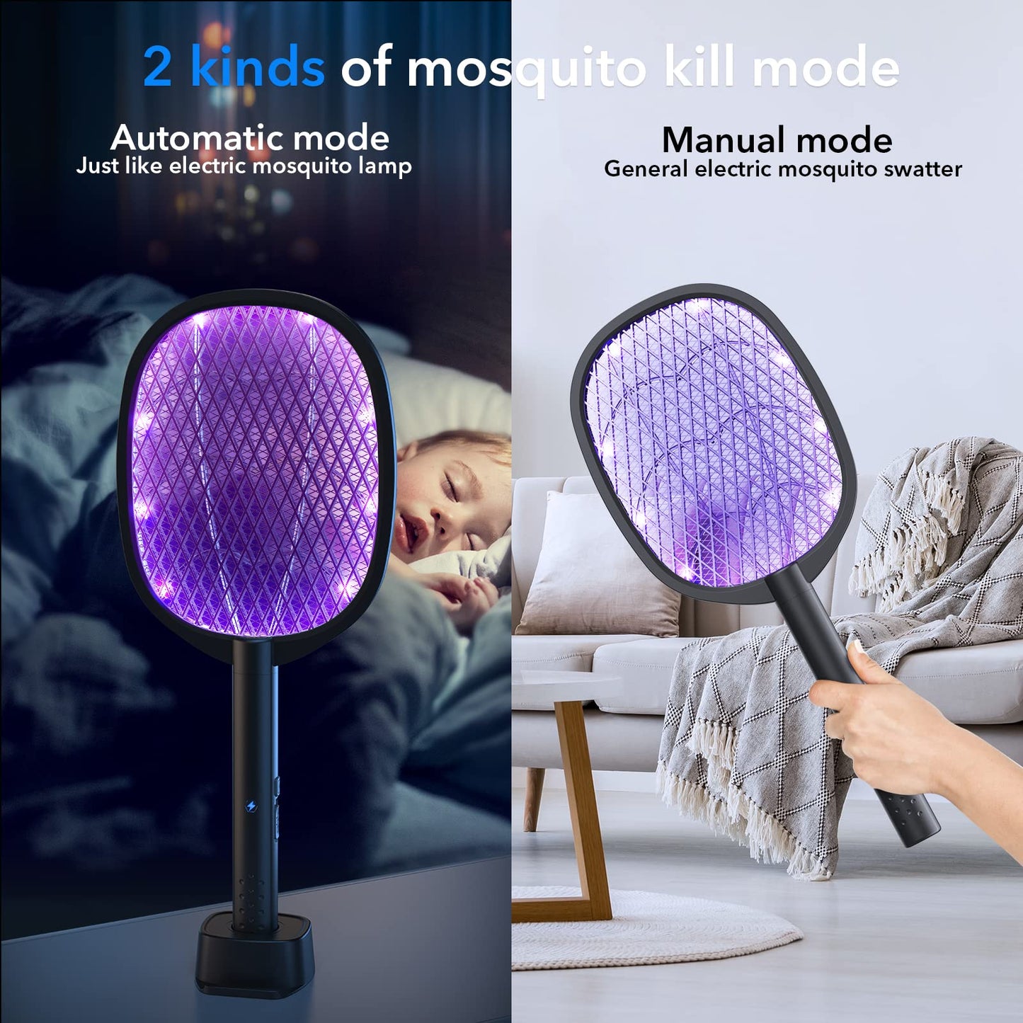 2 Pack Electric Fly Swatter 2 in 1 Bug Zapper Racket & Mosquito Zapper,4000V with USB Charging Base,Powerful Mosquito Swatter with 3 Layers of Safety Net Suitable for Indoor and Outdoor…