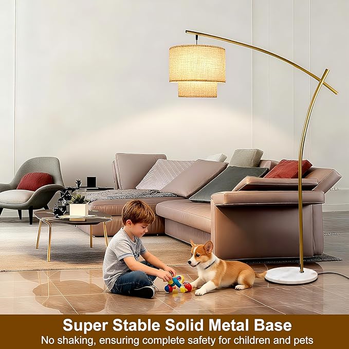 Lightdot Arc Floor Lamp for Living Room, Modern Standing Tall Lamps with Double Linen Lampshade, Tall Hanging Pole Lamp with Stable Metal Base & Foot Switch for Bedroom Home Office-Gold