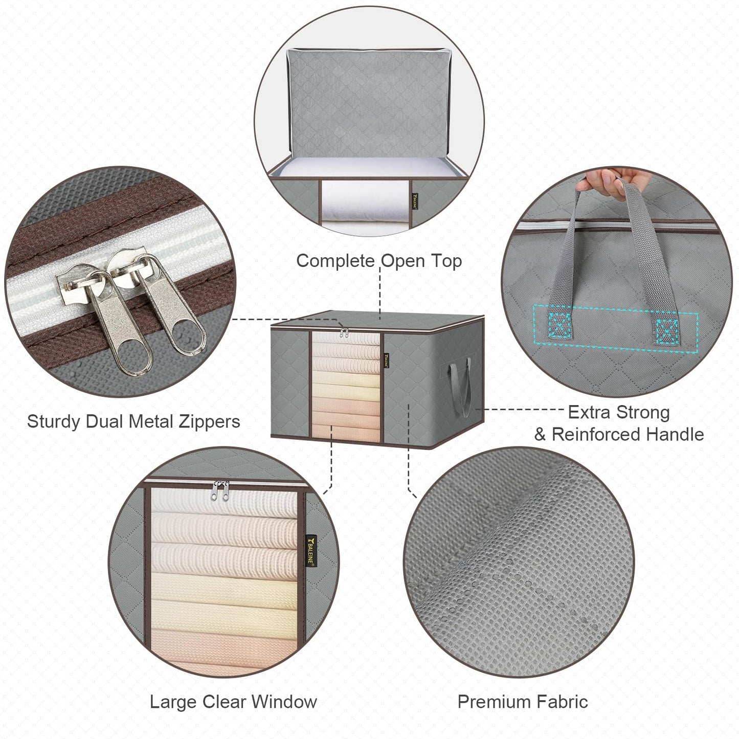 BALEINE 6 Pack Clothes Storage Bags, 24 Gallon Storage Containers with Reinforced Handle, Sturdy Zipper, Closet Organizer for Blanket, Comforter, Pillow, Bedding (Grey, 6 Pack)