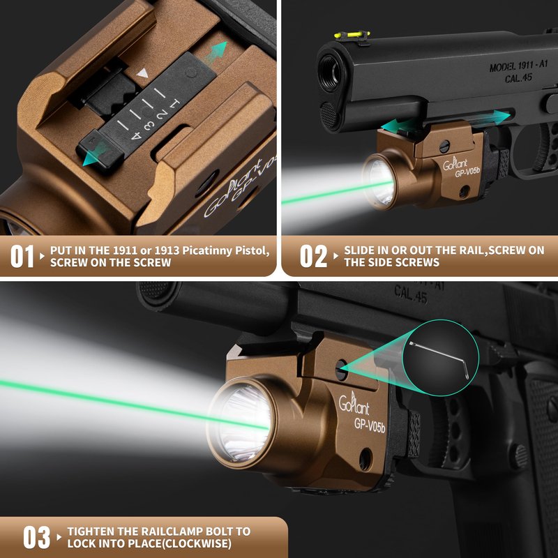 1500 Lumens Aircraft-Grade Aluminum Compact Pistol Flashlight, Picatinny Flashlights Laser Weapon Light, Subcompact Tactical Pistol Lights,Green Laser Light Combo For Handgun, Rechargeable Gun Laser