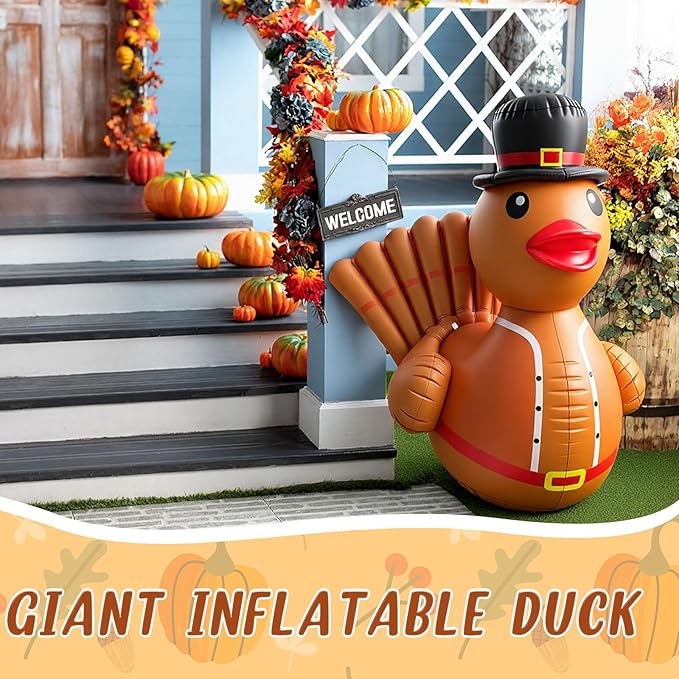 Hungdao 1 Pcs 4 Feet PVC Thanksgiving Inflatables Turkey Duck, Giant Thanksgiving Duck with Turkey Tail, Huge Blow up Rubber Decorations for Outdoor Indoor Lawn Pool Float Yard Fall Party Supplies
