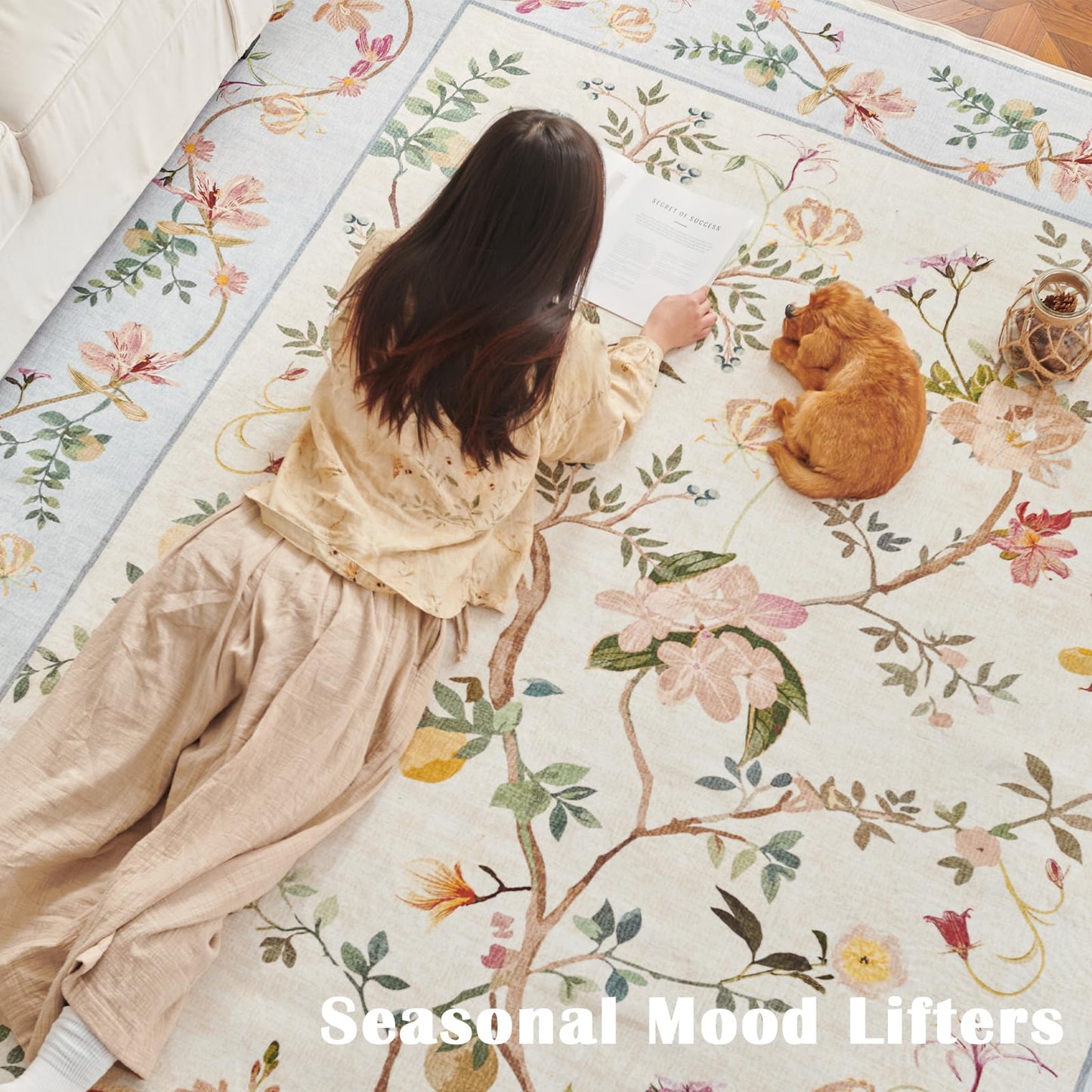 jinchan Floraison Hallway Runner 2x6 Multi Floral Soft Machine Washable Rug Non Slip Low Pile Boho Stain Resistant Botanical Rugs for Bedroom Kitchen Floor Living Room Beige/Blue