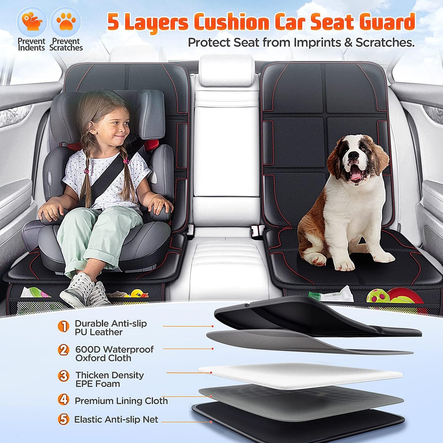 Gimars Car Seat Protector, 2 Pack, Leather Seats Protectors for Child Seats, Isofix Compatible, Waterproof Baby Carseat Cover with Thicker Pad, 2 Mesh Pockets for SUV Sedan Trunk Pet Kids