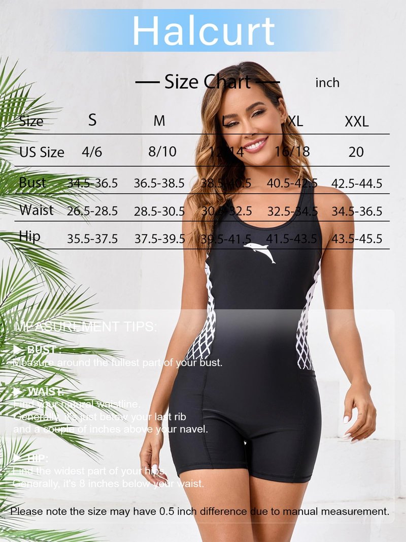 Halcurt Women's Boyleg One Piece Swimsuit with Pocket Racerback Athletic Bathing Suit Black Lozenge M