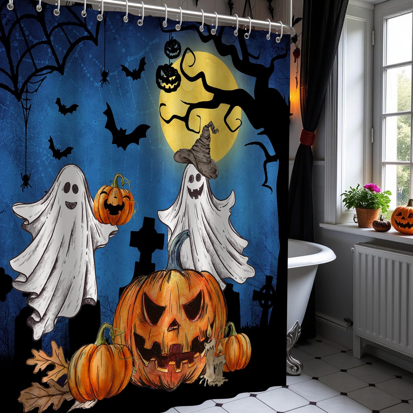 pinata Halloween Shower Curtain for Bathroom, Halloween Bathroom Decor, Ghost Shower Curtain Pumpkins Bath Curtains with Hooks 72x72