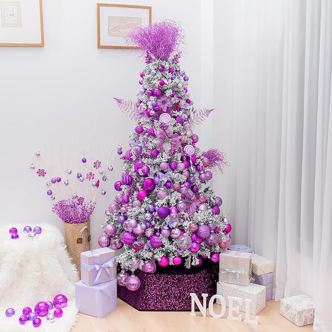 XmasExp 8ct Christmas Ball Ornaments Set -Large Clear Plastic Shatterproof Xmas Tree Ball Hanging Baubles Stuffed Delicate Glittering Holiday Wedding Xmas Party Decoration (100mm/3.94",Light Purple)